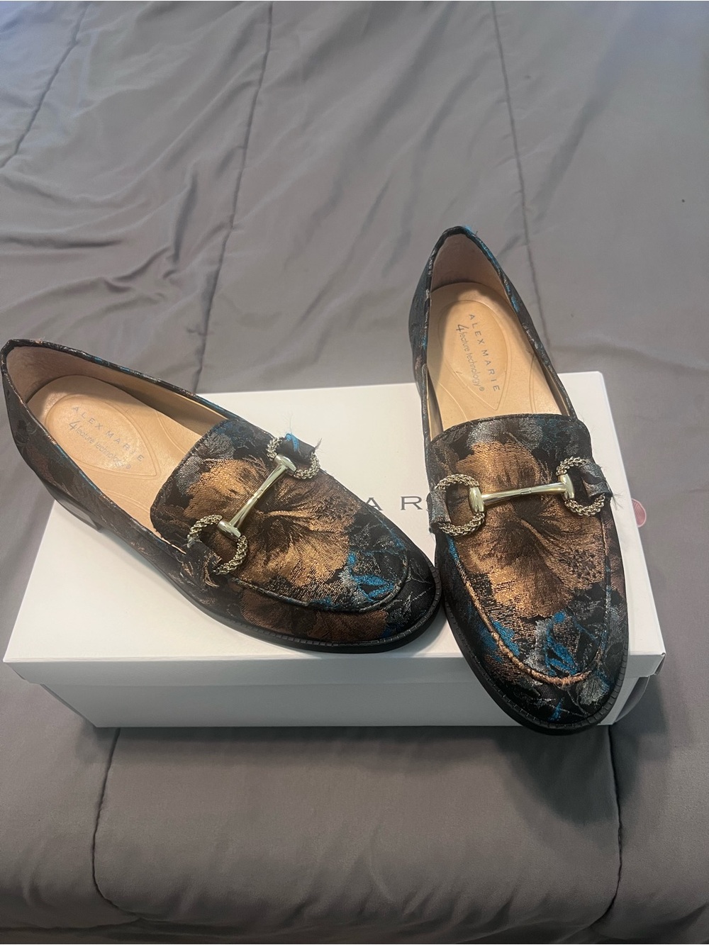 Alex Marie Bronze and Teal Metallic Floral Loafers